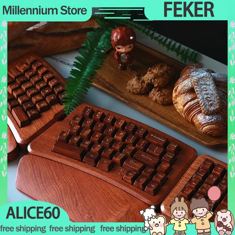 FEKER Alice60 Mechanical Keyboard Wireless Wooden Gaming Keyboard 3mode Rosewood RGB Keypad Customized Pc Office Accessory Gifts