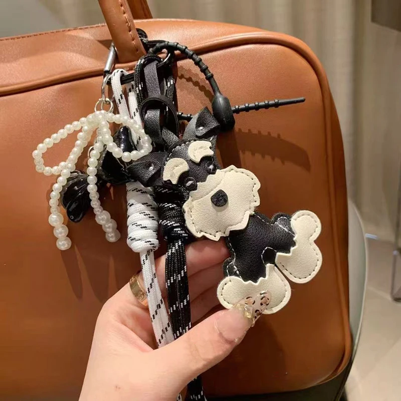 Cartoon PU Animal Key Chain Cute Schnauzer Keyring For Women PU Leather Dog Puppy Pendant Keychain Backpack Pendant Ornaments