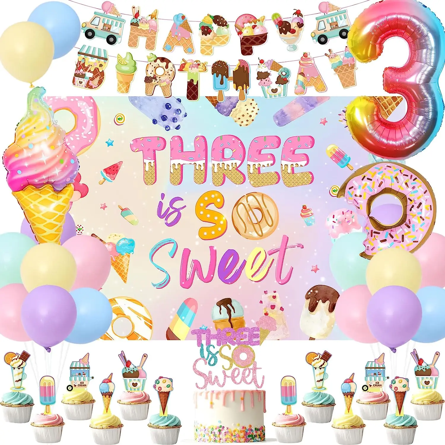 

Three Is So Sweet 3rd Birthday Decorations Birthday Party 3 Is So Sweet Backdrop Cake Topper balloon for Girls Birthday Supplies