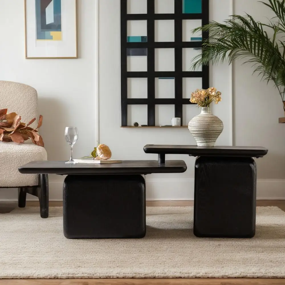 

Vintage Square Coffee Table Set Black Wood Grain Finish Retro Style MDF Fir Wood Veneer Living Room Office Dining Room Set of 2