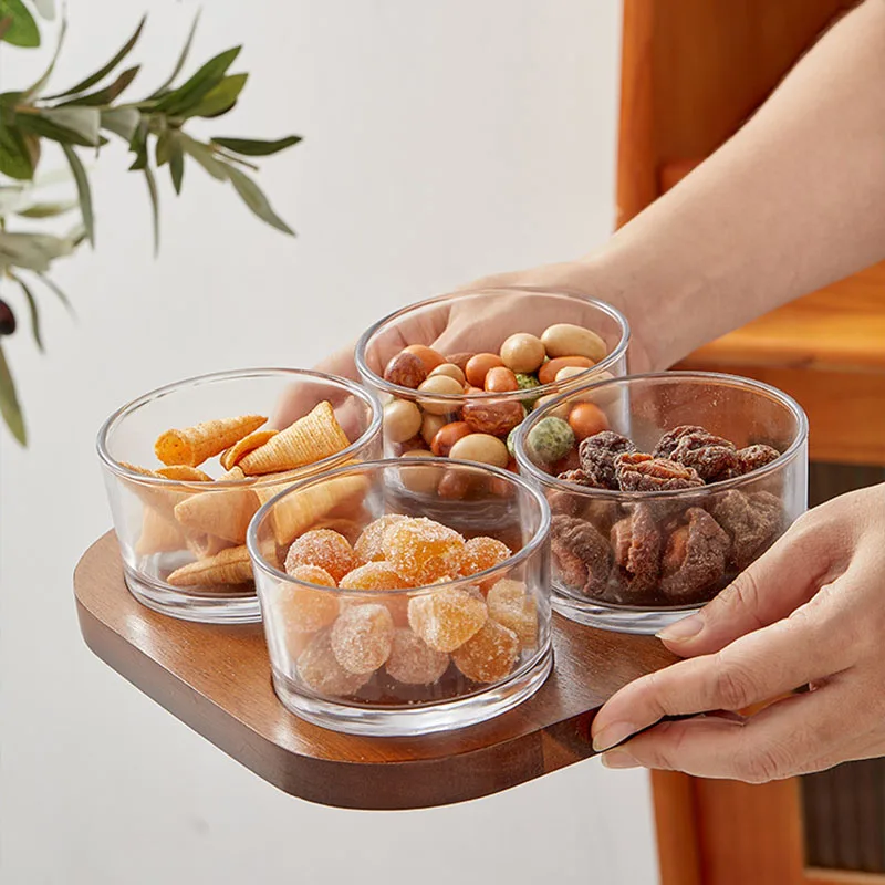 Partition Glass Fruit Tray Wood Cover Household Nut Snack Candy Cake Creative Design of Wooden Plater Storage Bottles Boxes