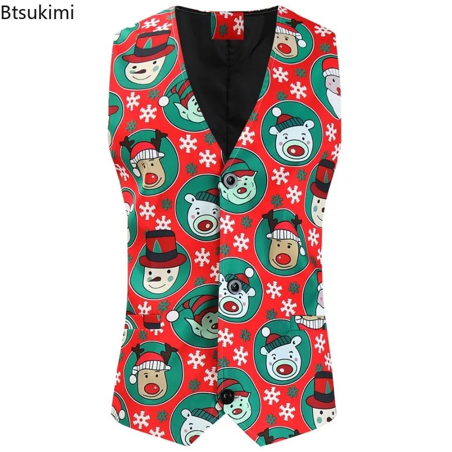 New Men's Christmas Pattern Suit Vest Chic Funny Printing Sleeveless Vest Jacket Single-breasted Slim X-mas Party Waistcoat Male