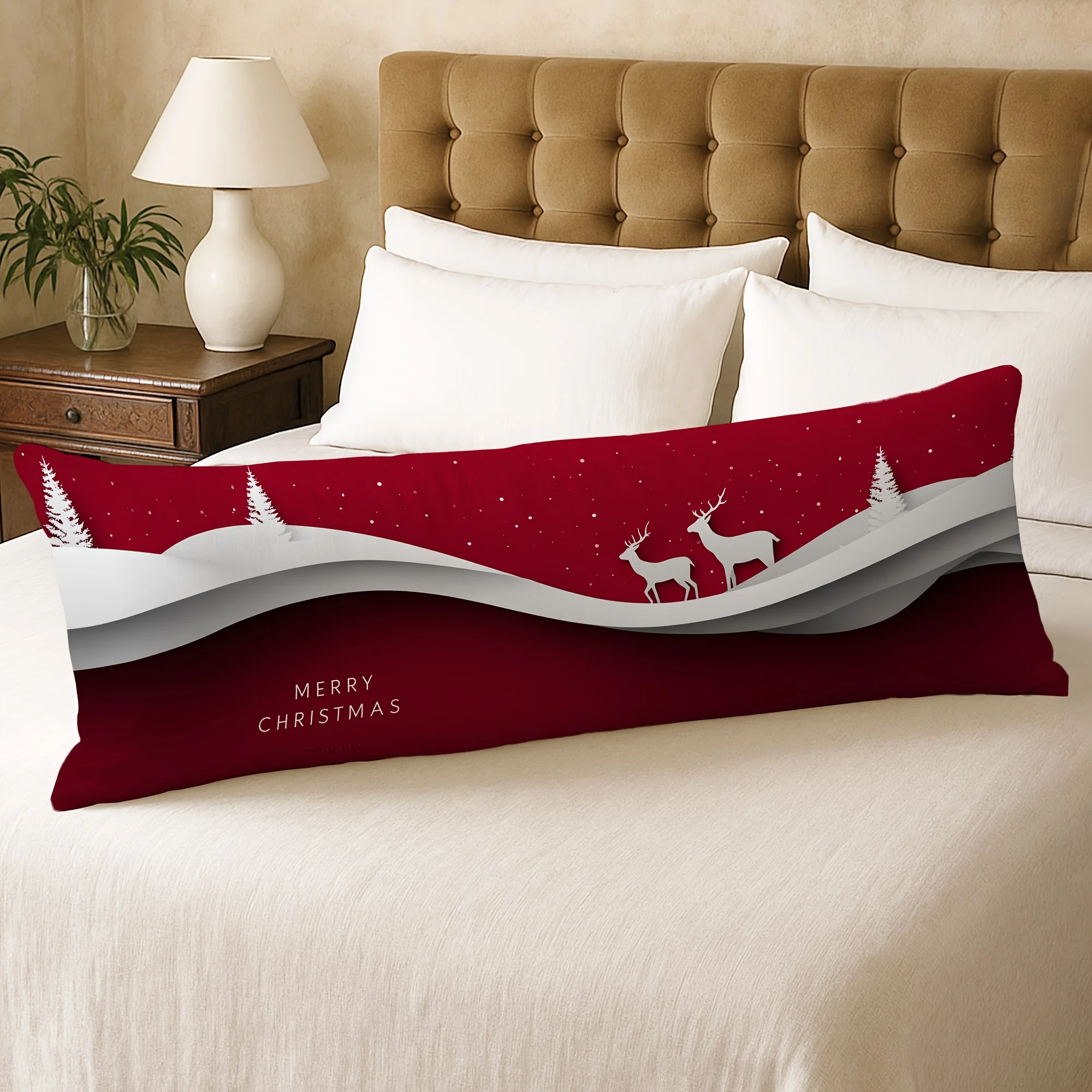 1pc Body Pillowcase, Christmas Decoration, Modern Art, Minimalist Reindeer Snowflake, Red, 20x54 Inches, Suitable for Living Roo