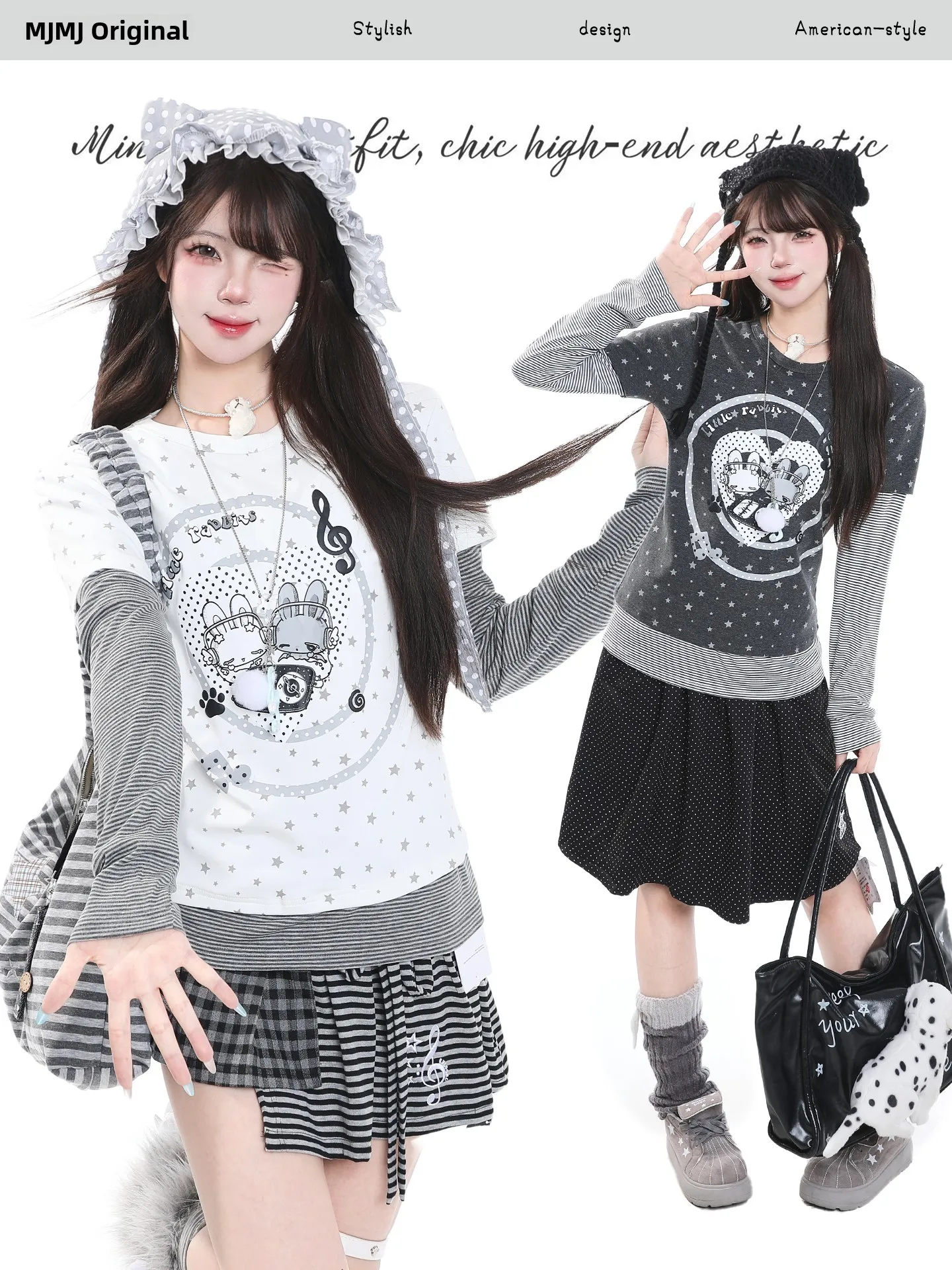 Casual Style Women's Long Sleeve T-shirt round Neck Stripe Patchwork Slimming Rabbit Cartoon Print Top Breathable Comfortable