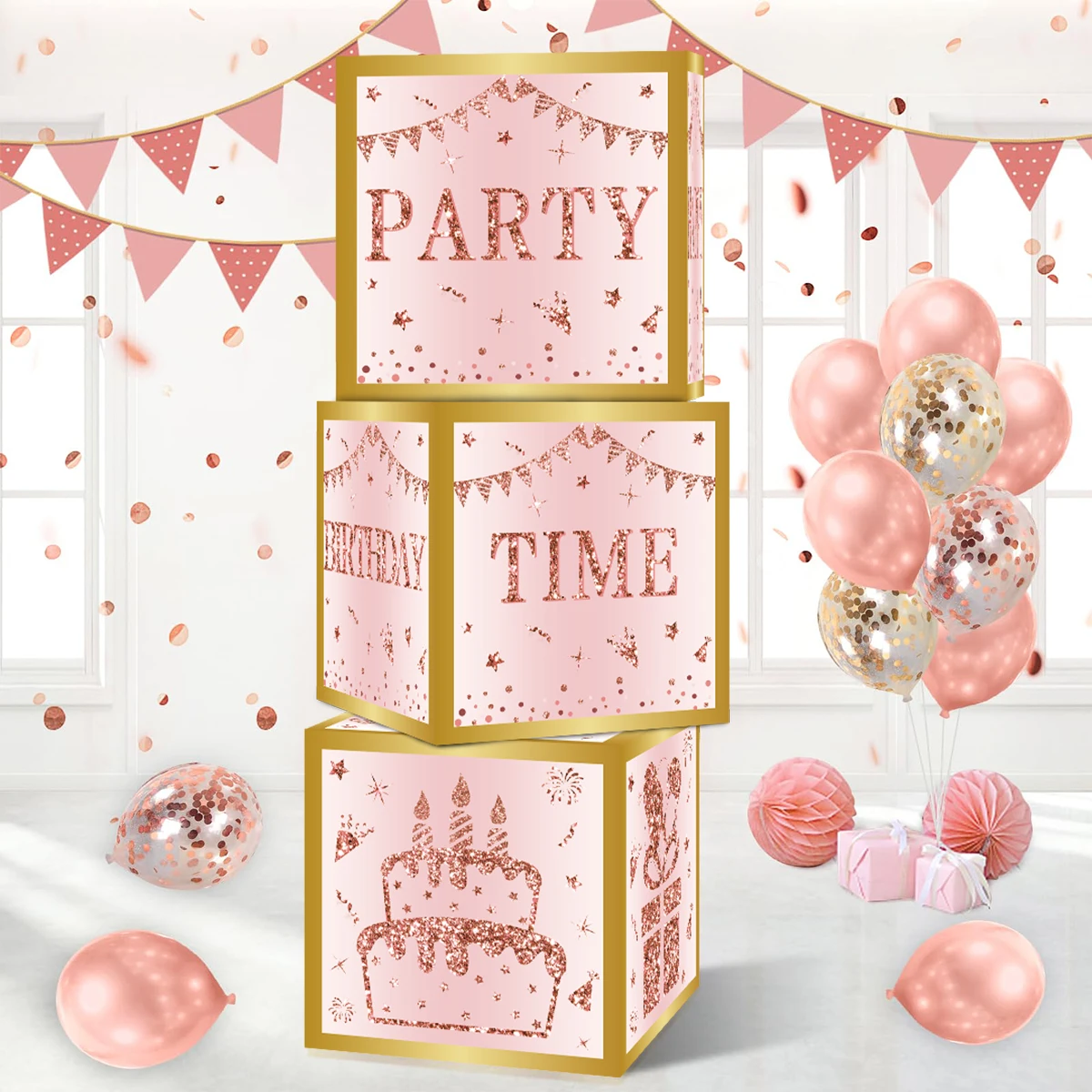 Pink Gold Birthday Paper Box Happy Birthday Party Decoration Adults 18th 30th 50th 60th Birthday Party Supplies Background Box