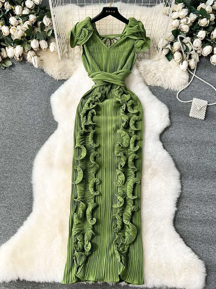 Feminino elegante chique emagrecimento vestido no verão cor sólida decote em v plissado vestido em camadas senhoras bonito aniversário plissado vestido de noite