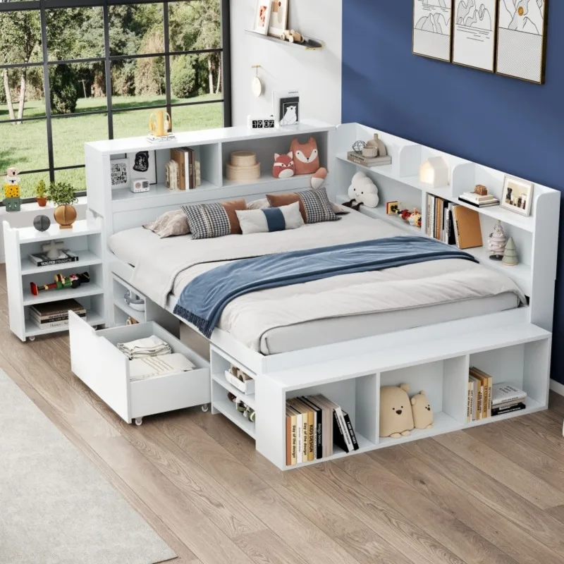 Lit enfant simple blanc 140×190 cm multifonction avec tiroirs et étagères de rangement, sommier à lattes inclus, structure en contreplaqué stable, matelas non fourni pour chambre d'enfant.