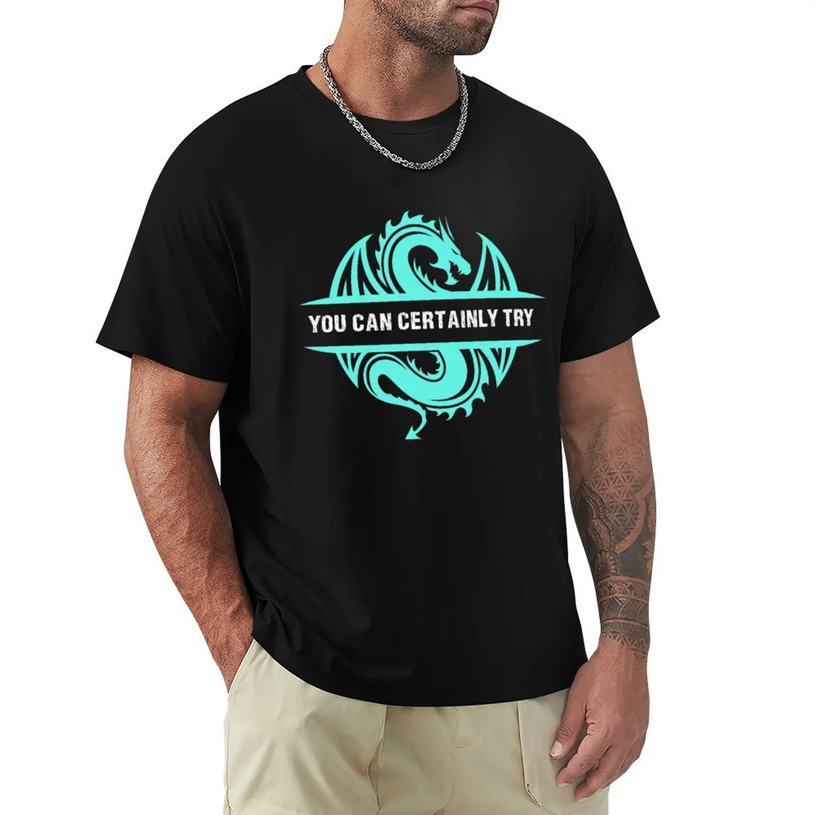 You Can Certainly Try - Vintage Cyan Blue Dragon T-Shirt Basic Lightweight Short Sleeve Tee