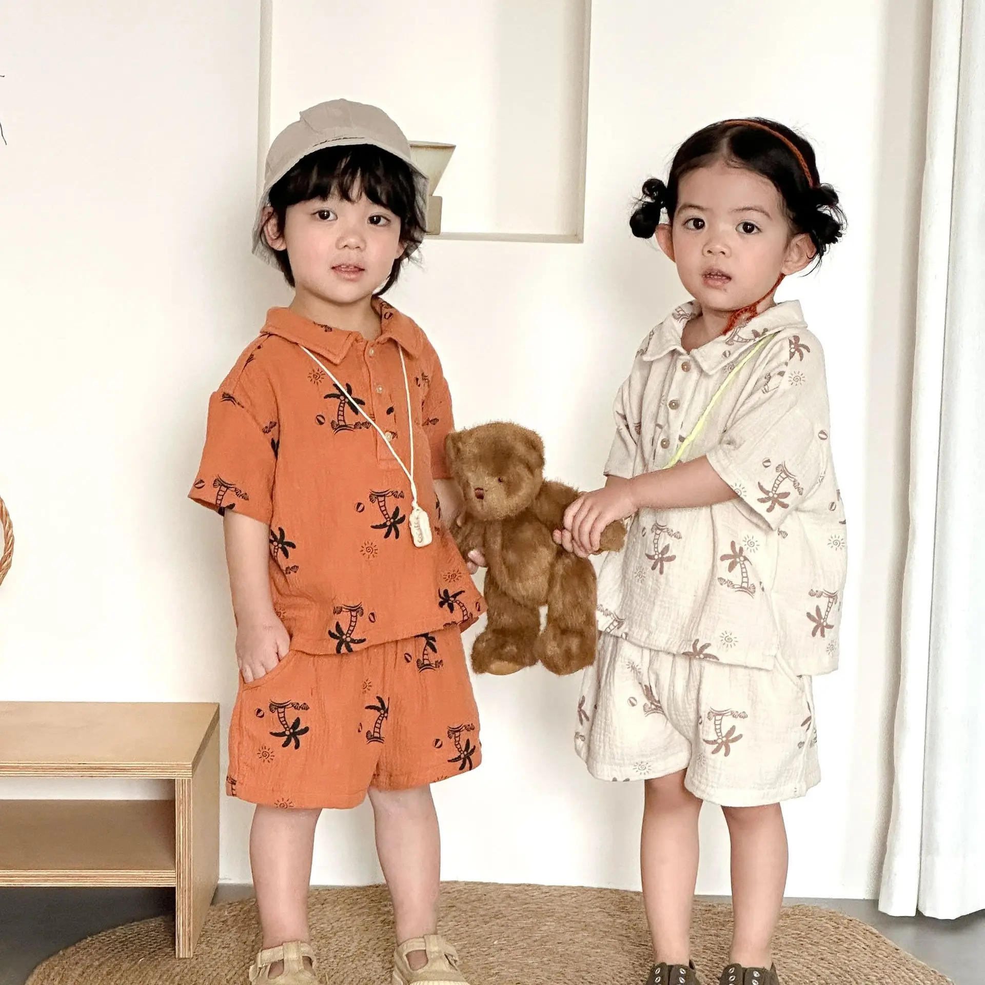 Kids Boys Summer Outfits Palm Tree Print Button Up Short Sleeves T-Shirt and Elastic Shorts Set for 2 Piece Clothes Set