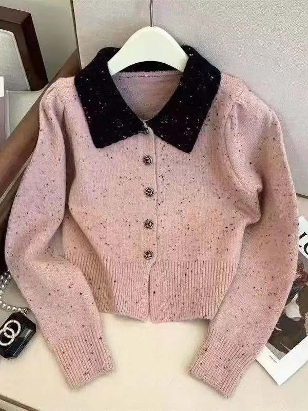 Color Block Knit Sweater Short Coat Style Soft Cozy Fashionable New Arrival Women's Loose Fit Long Sleeve Breathable Summer C...