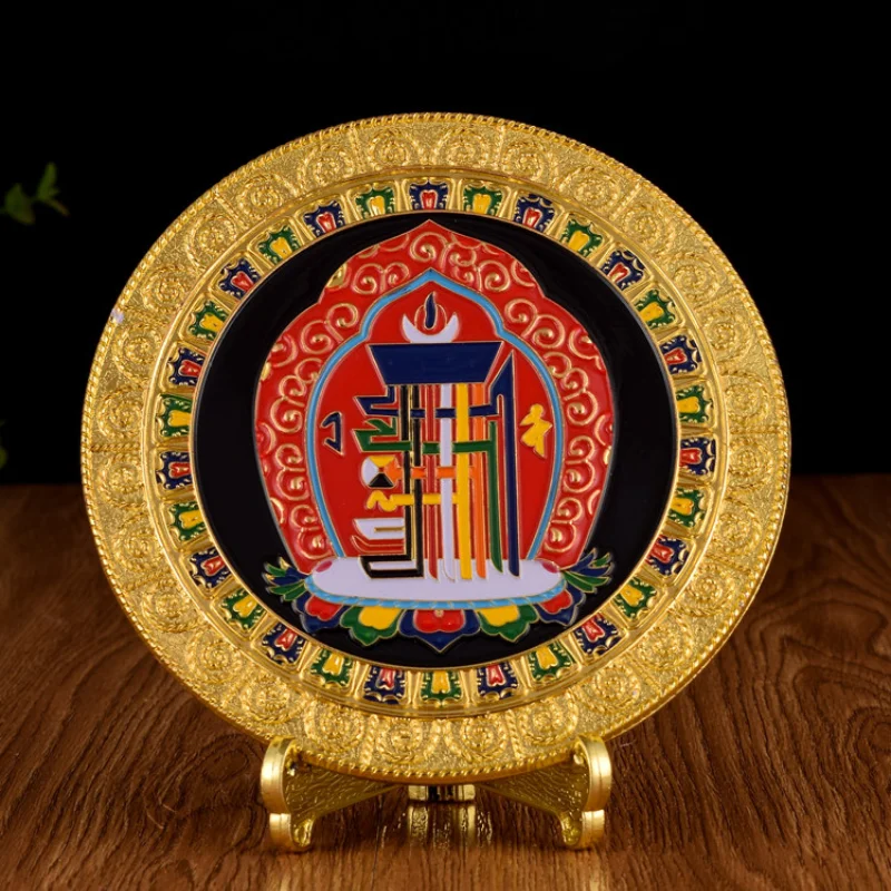 Gilded Color Painted Tibetan Kalachakra Symbol Plate Eight Auspicious Bagua Desktop Ornament Tantric Shrine Hall Entrance Decor