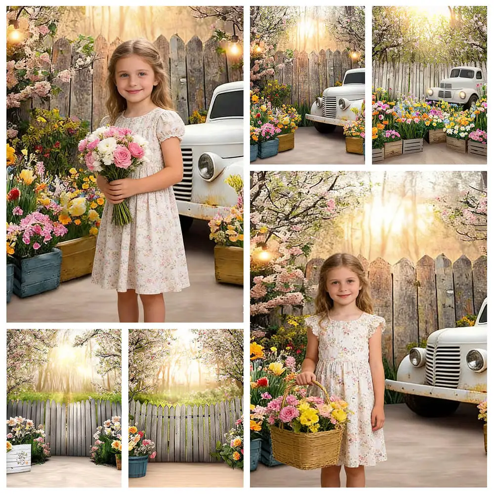 

Spring Photography Background Floral Patio Truck Fence Decoration Baby Shower Adult Child Portrait Backdrop Photo Studio Props