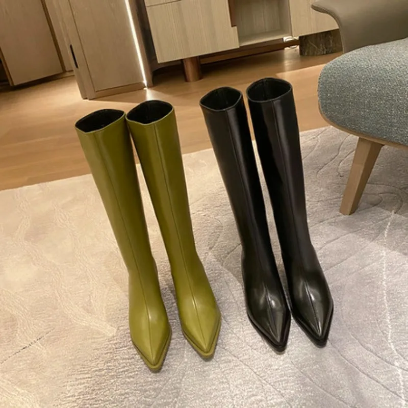 Fashion Ladies Knee-high Chelsea Boots Women Sexy Pointed Toe Square Heels Waterproof Slip-On Booties 2026