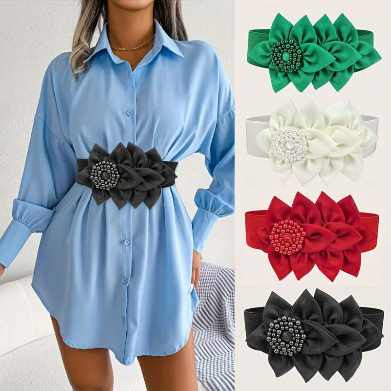 

Flower Belt Women Red Elastic Stretch Waist Belt Single Bloom Decorative Fashion Waistband for Dress Coat