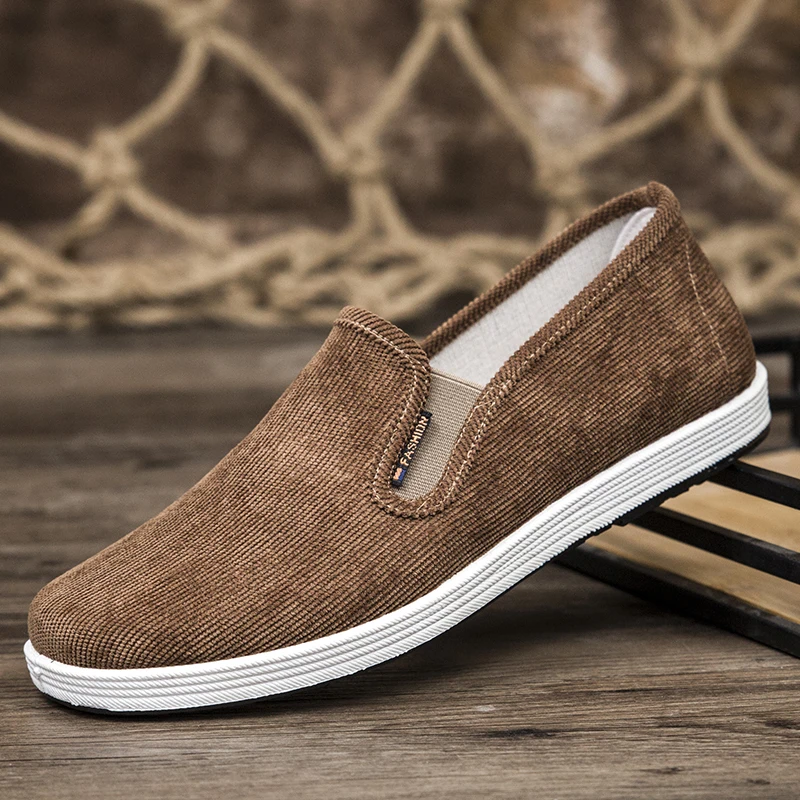 Old Beijing Men's Cloth Shoes Breathable Corduroy Slip-On Casual Work Shoes Spring Summer for Middle-Aged And Elderly
