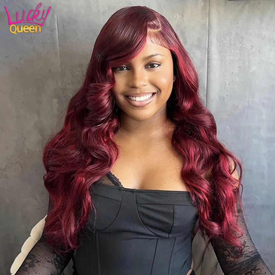 

Human Hair Brazilian Wigs Red Wine Color Body Wave Pre Plucked Transparent Lace Front 5X5 Closure 180Density Burgundy For Women