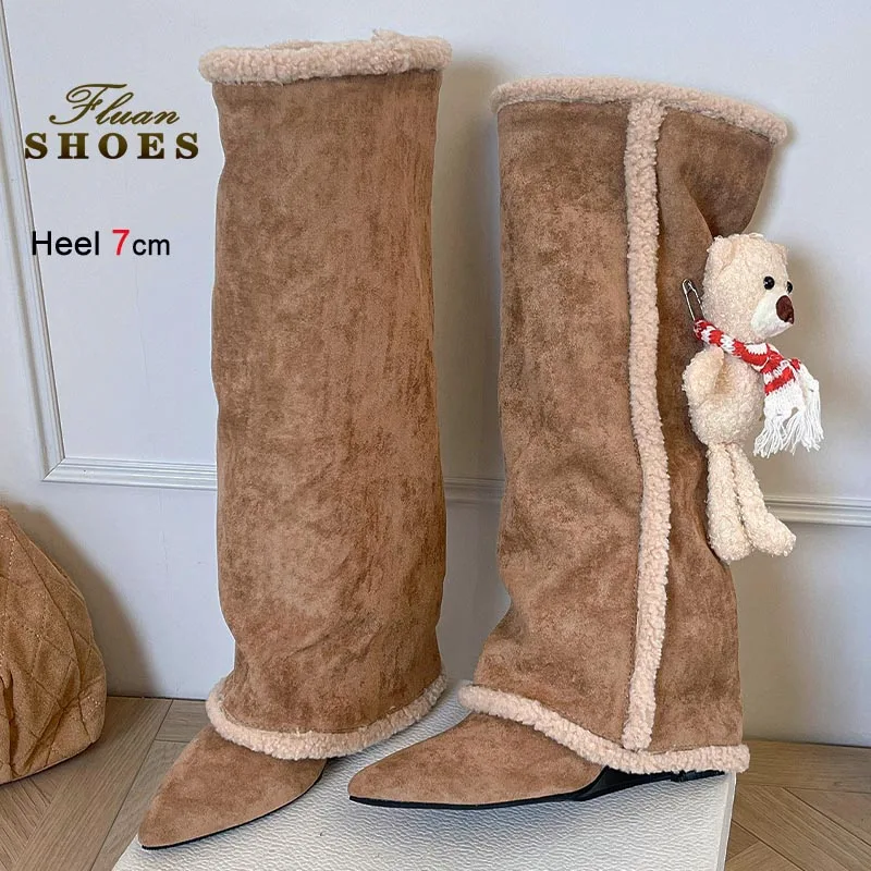 

New Cute Long Boots 7CM Height Increase Women's Knee Length Boots Lamb Wool Tall Boots Decoration Bear Is Detachable Lady Shoes