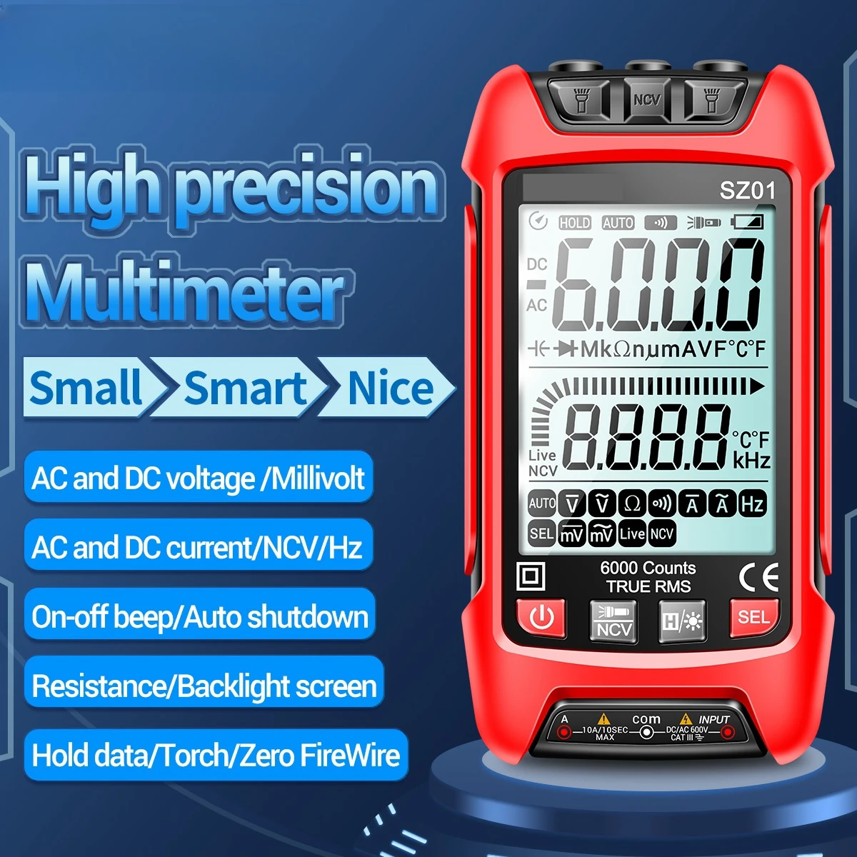 Counts Digital Multimeter Auto Electrical Meter Temp Resistance Transistor Smart Multimeter