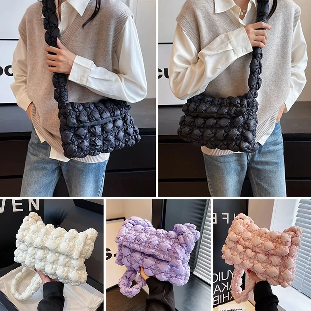 

Pleated Bubbles Shoulder Bag Cute Embroidered Plaid Quilted Crossbody Bag Solid Color Satchel Bags Women Girls