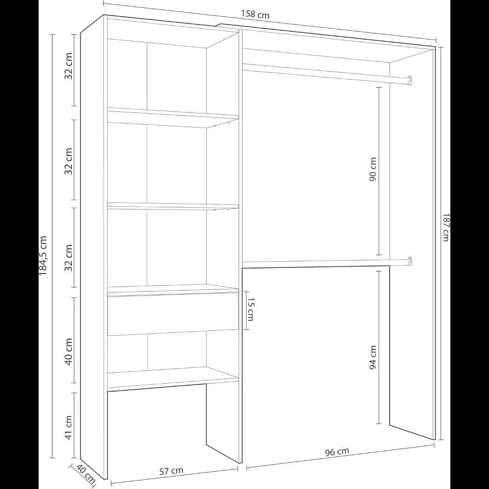Armario 2 Barras, 4 Baldas e 1 Cajón, Vestidor Reversível, Acabado en Blanco Artik y Roble