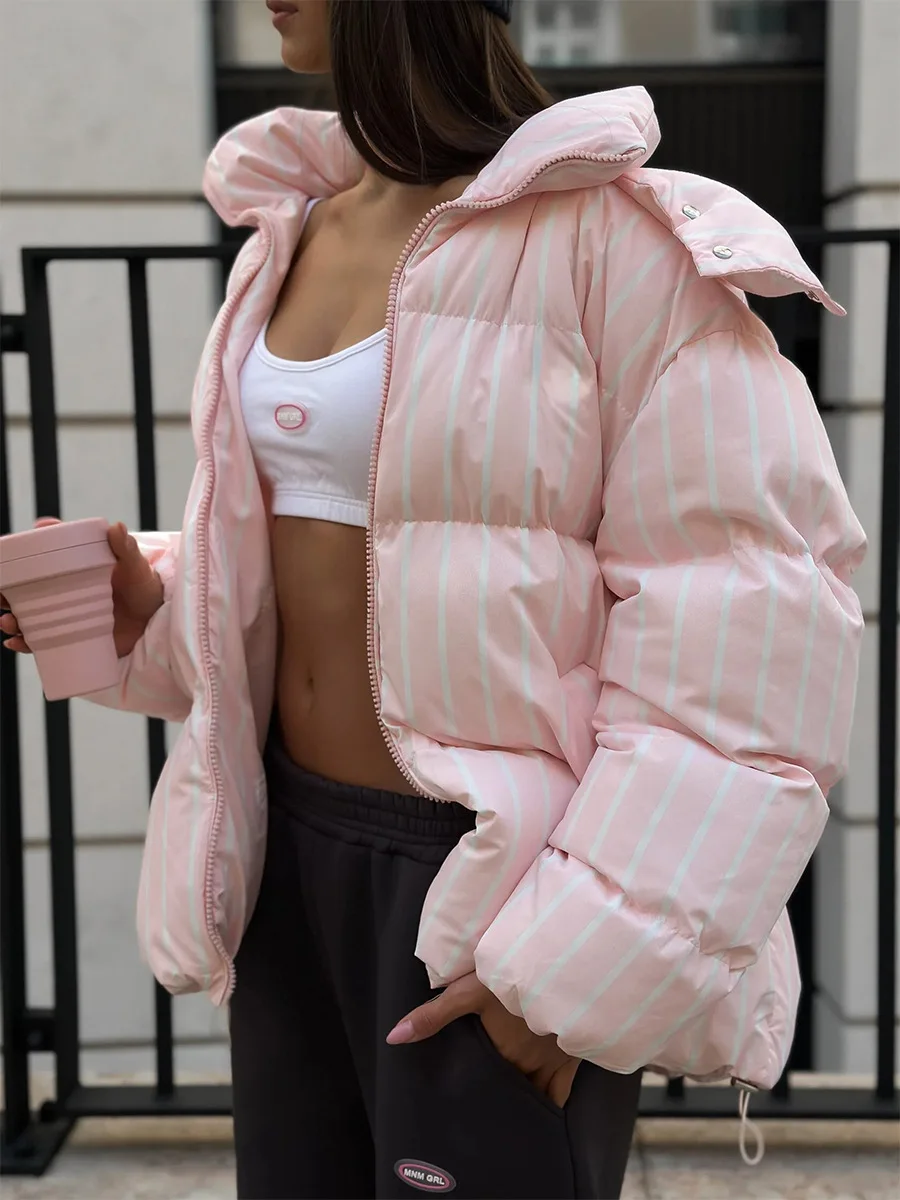

Winter Warm Hooded Stripe Cotton Down Jacket Women White Duck Down Fluffy Parker Outwears Female Drawstring Zipper Short Jackets