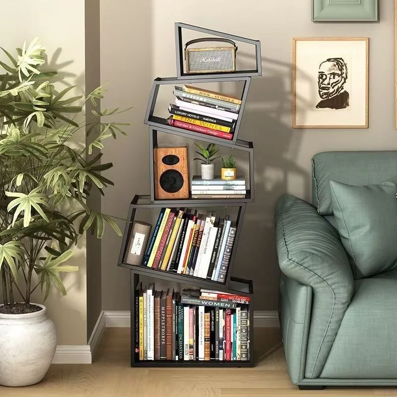 

Creative wrought iron bookshelf special-shaped corner vertical modern shelf floor simple bookcase living room corner storage rac