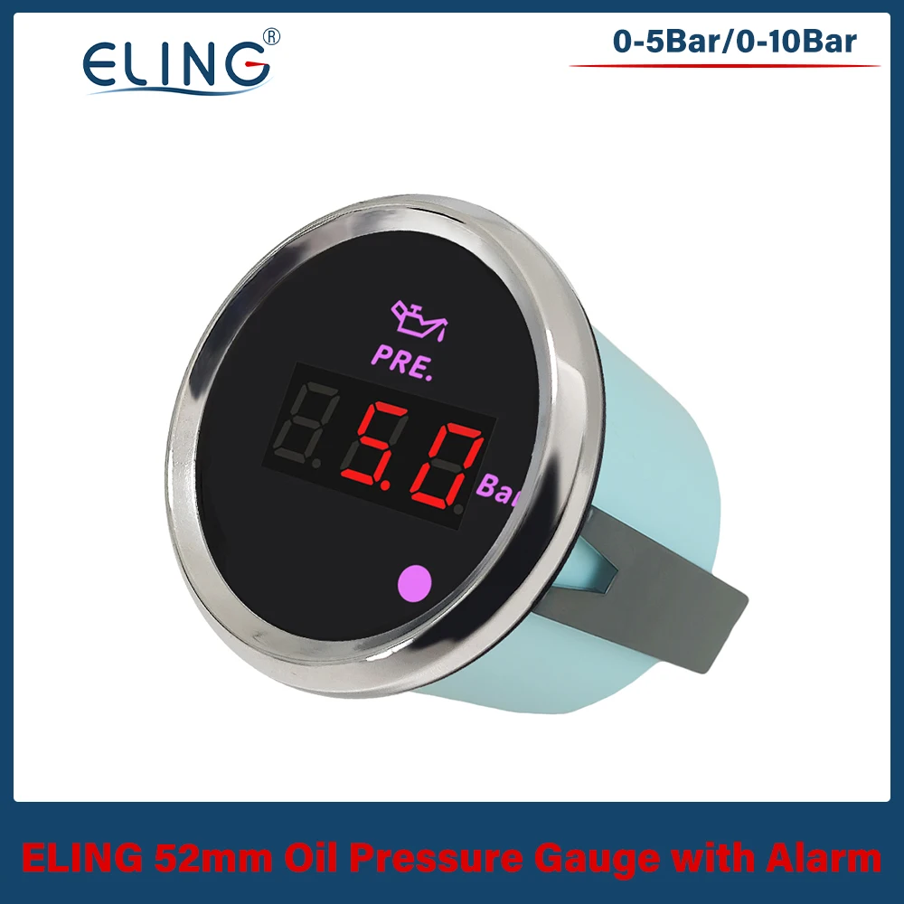 52mm Oil Pressure Gauge Meter 0-5Bar 0-75Psi 0-10Bar 0-145Psi with 8 Colors Backlight and Light Alarm for Van Boat Car Universal