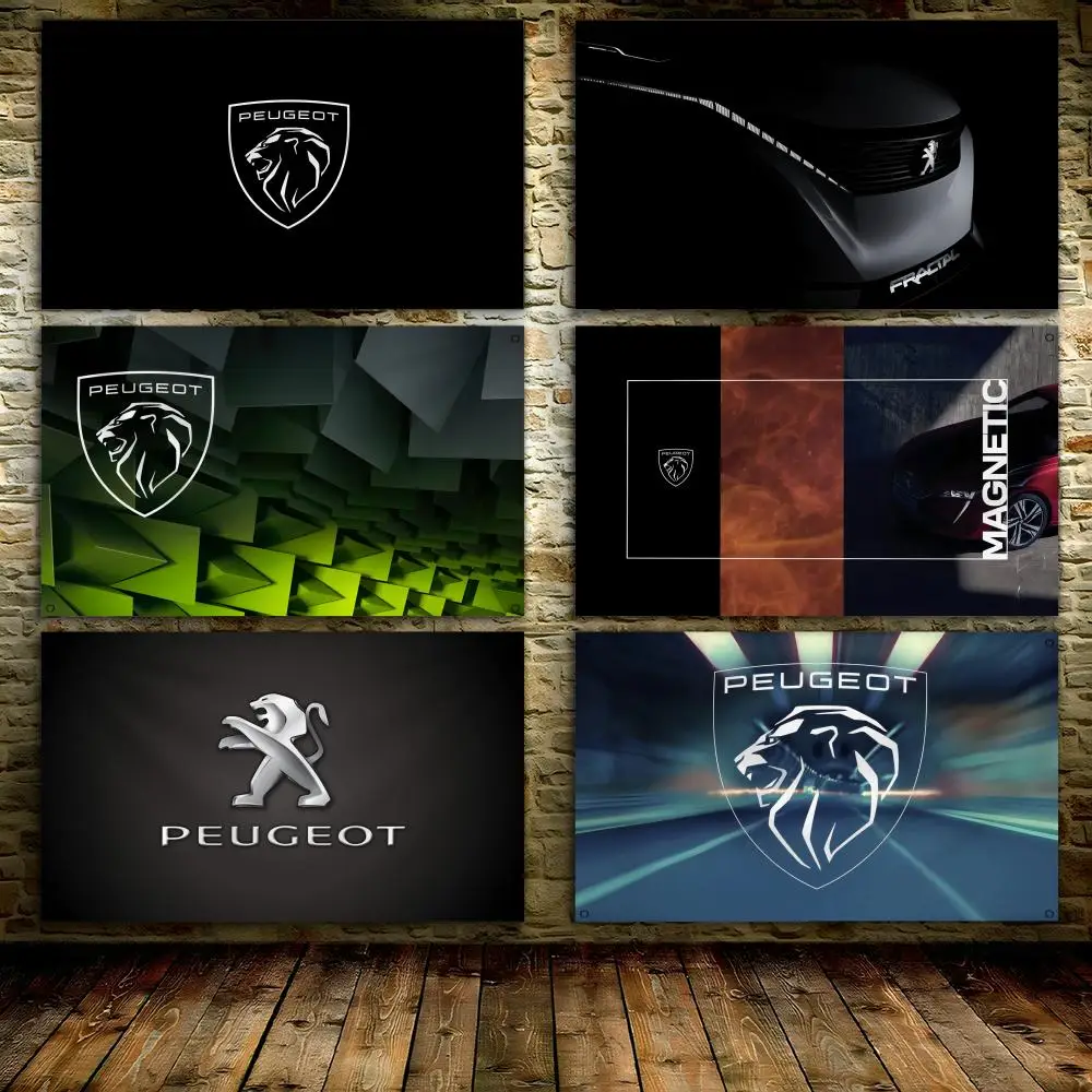 P-PeugeotS CAR LOGO Flaggen, individuelles Wandbehang-Kunstbanner für Schlafzimmer, Zuhause, Wohnzimmer, Außendekoration
