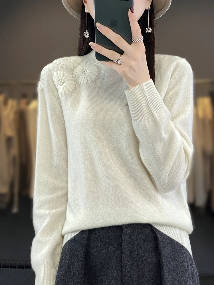 ANGEL Women Mock-Neck Embroider Sweater 100% Merino Wool Pullover Autumn Winter Long Sleeve Cashmere Knitwear Basic Bottom Shirt