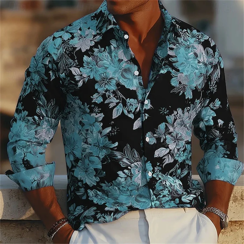 Men's Floral Print Neon Flower Shirt Hawaiian Vacation Everyday Street Lapel 3D Printed Lapel Shirt Black Pink Blue Purple - Image 5