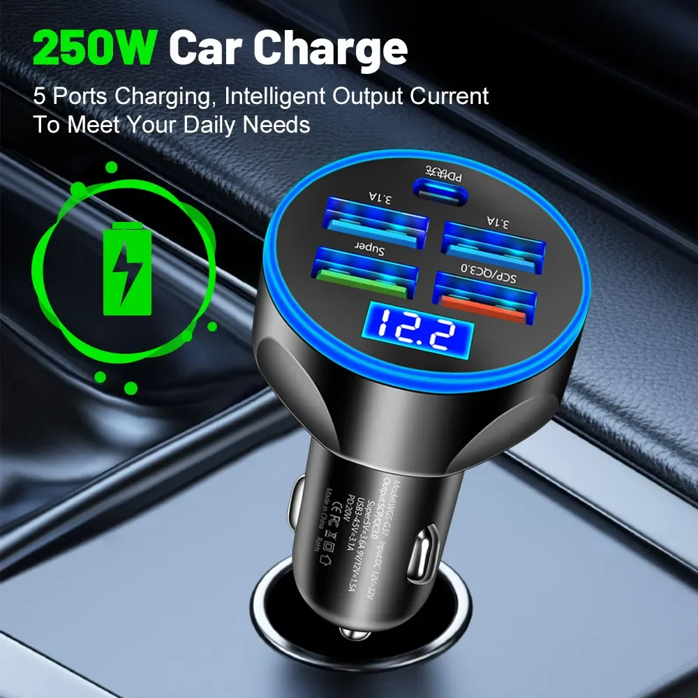 5 Port USB Car Charger PD Type C 250W Super Fast Charger Led Digital Display Charger For Audi Golf For Passat Bmw Car supplies