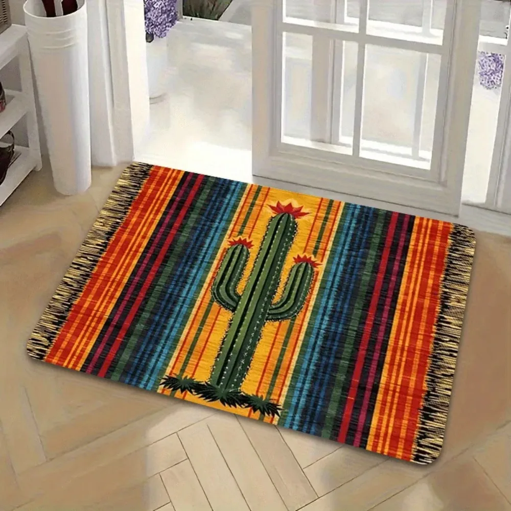 Rainbow Stripe Cactus Welcome Doormat, Soft Non-Slip Entrance Floor Mat, Decorative Carpet for Living Room Bedroom Home Decor