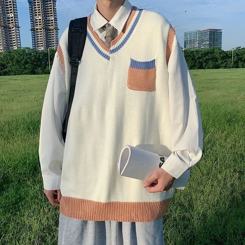 

Мужской жилет для пар с цветными блоками, вязаный пуловер с v-образным вырезом, свободная униформа в консервативном стиле, стильная универсальная осень-зима