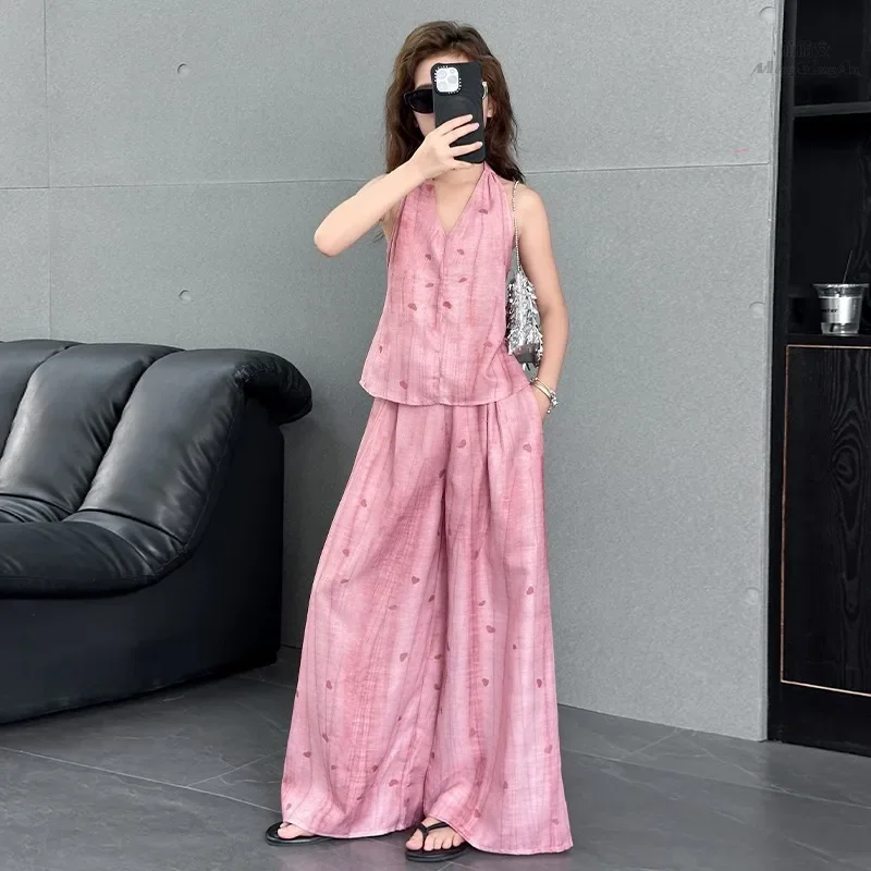 

Комплект одежды с принтом «Любовь» для девочек-подростков, подвесной воротник + широкие брюки, летний розовый топ без рукавов с v-образным вырезом + брюки, детский костюм Outfist