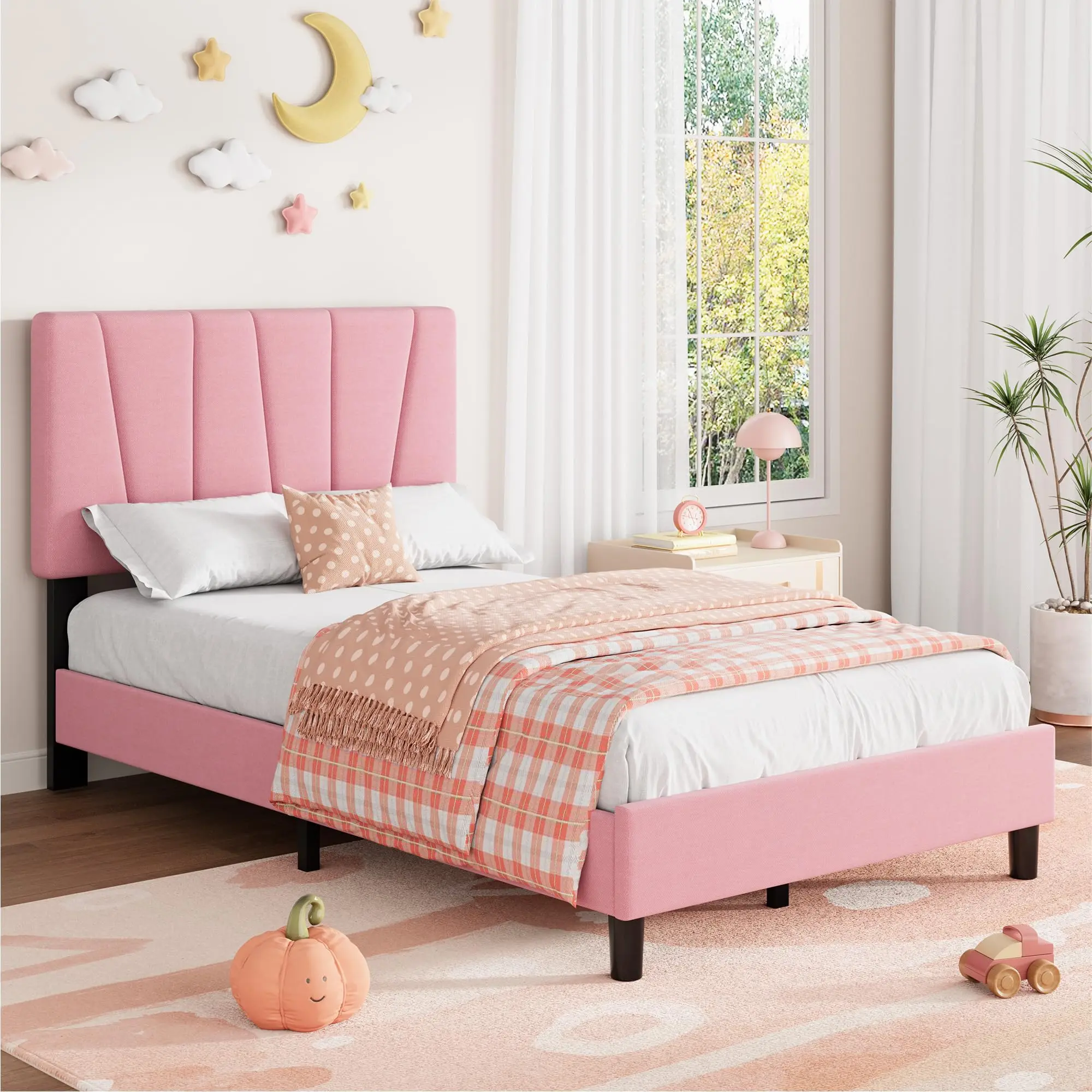 Adjustable Channel-Tufted Headboard Upholstered Platform Bed Frame, Linen Fabric - Strong Wood Slats, Noise-Free Mattress Foundation, No Box Spring Needed - Grey