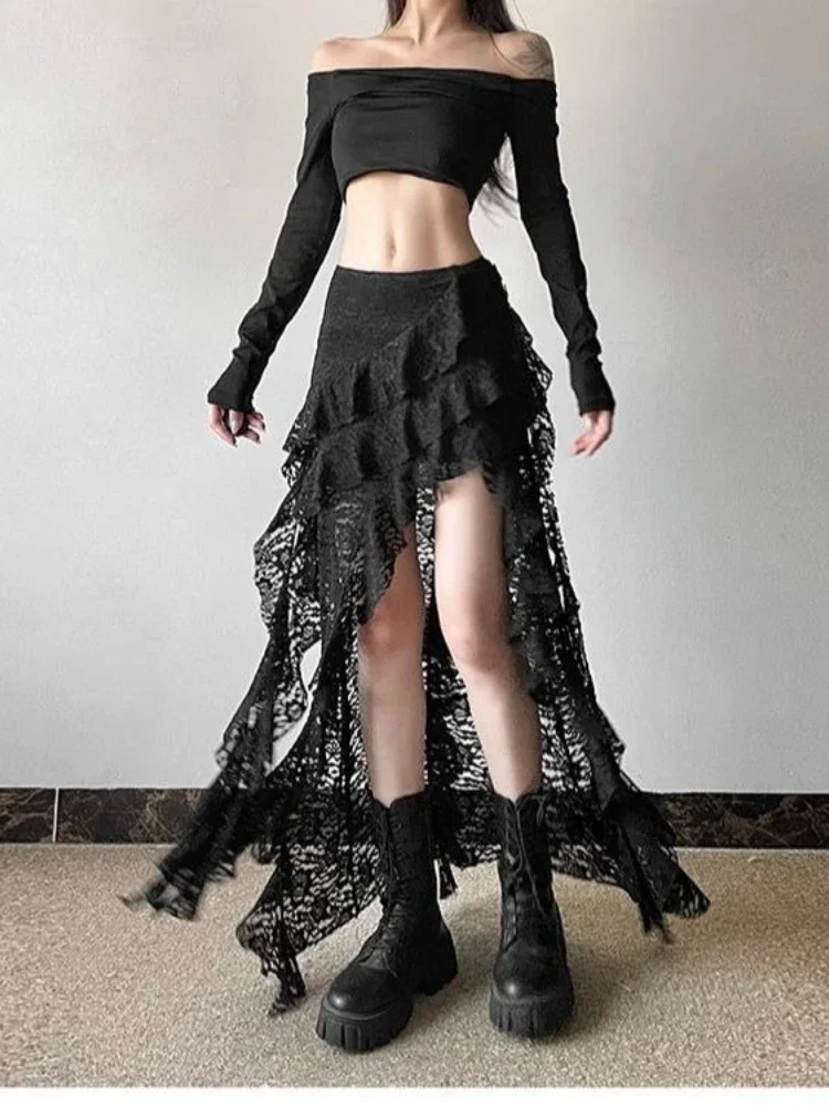 Deeptown Elegant Tulle Ruffle Skirt Women Boho Lace Vintage White Irregular Skirt Korean Style Summer Layered Mid Skirts Street