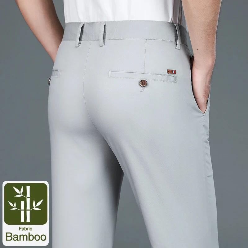 

Мужские деловые брюки, классические прямые эластичные модные повседневные брюки из бамбукового волокна, тонкие дышащие формальные офисные брюки