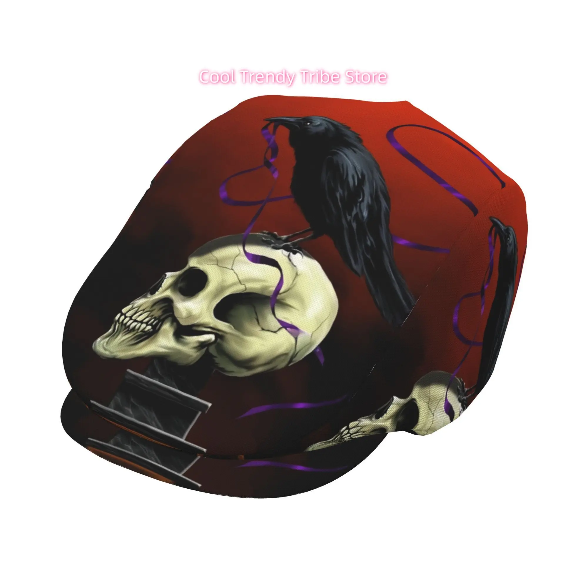 Raven with Purple Ribbon Skull All-over Print Flat-top Hats for Men and Women, Newsboy Caps, Berets, Irish Hats, Driver Caps, Re