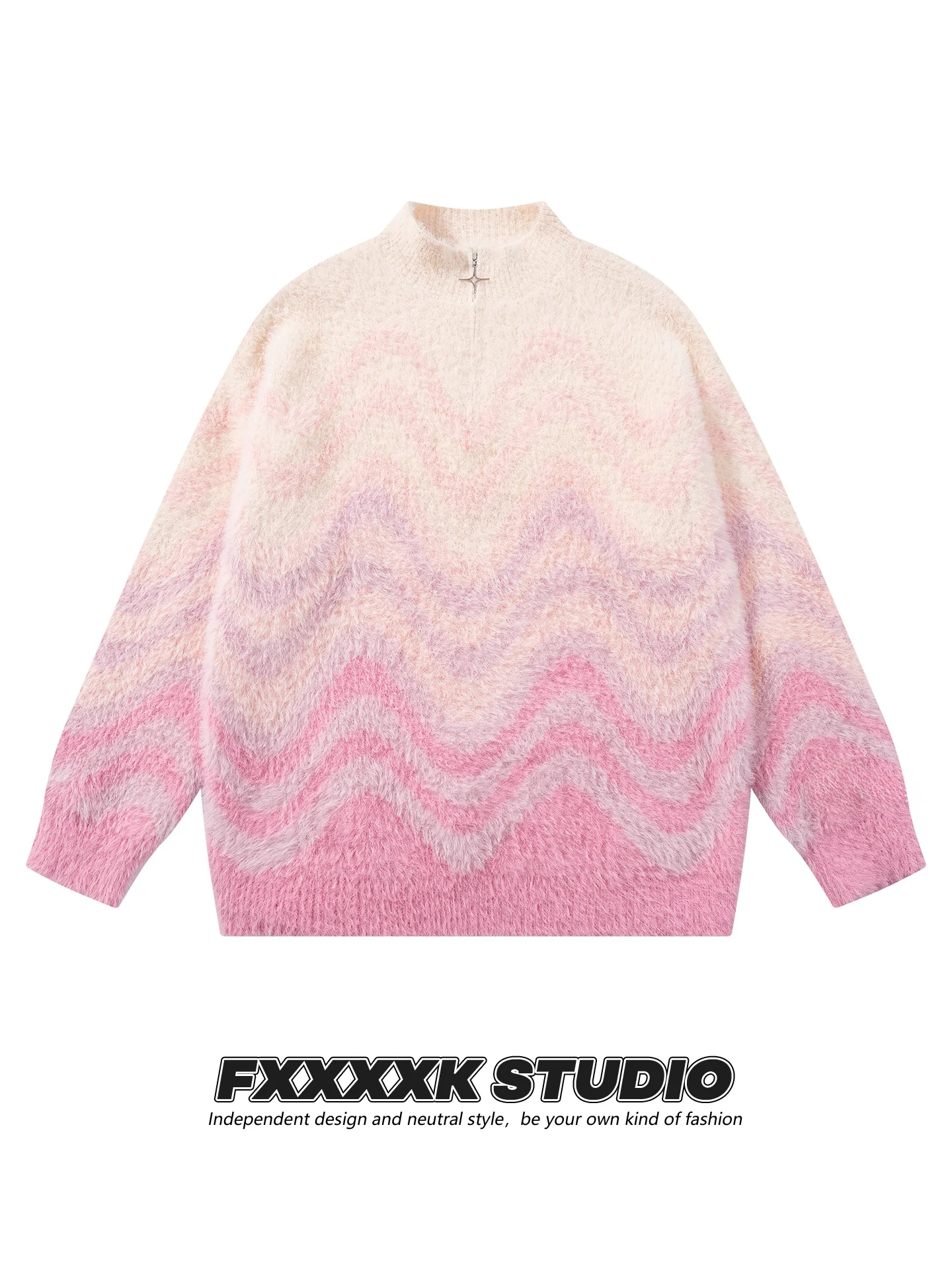 

Свитер свободного кроя FXK Original Lazy с градиентным цветовым узором в виде волн, на молнии, вязаный, в американском стиле, с длинными рукавами