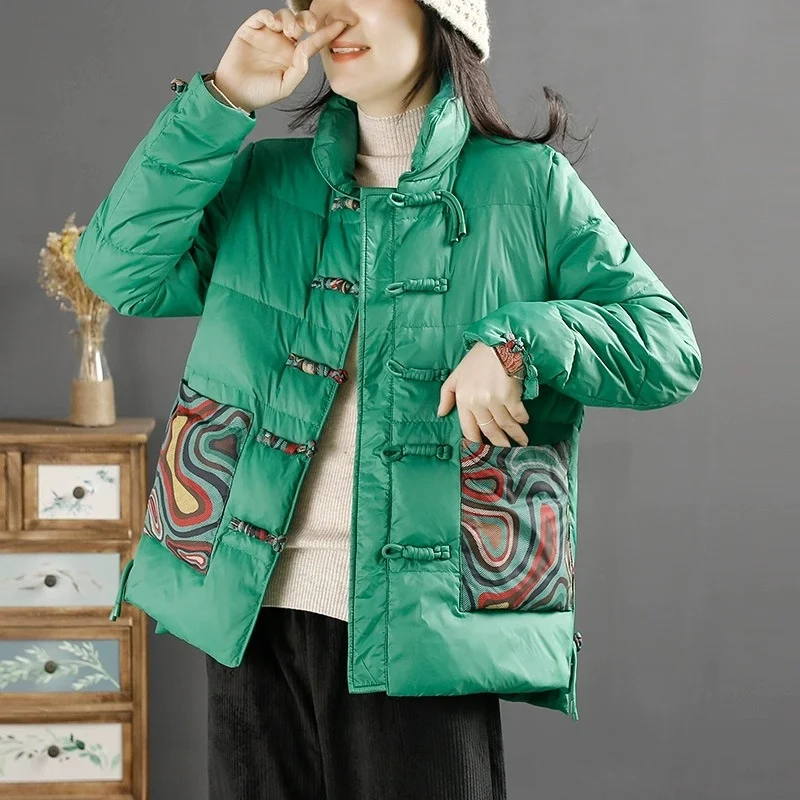 Chinese Style Vintage Women Print Buckle Down Coat Winter Warm Light White Duck Down Jacket Parkas Female Short Puffer Outwears
