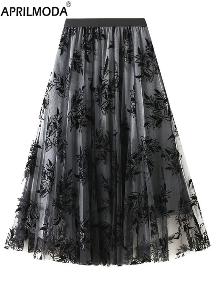 

Черно-коричневая лоскутная женская сетчатая юбка с рюшами и высокой талией, юбки-пачки трапециевидной формы с вышивкой, женская уличная одежда для милых девушек Saias Femme