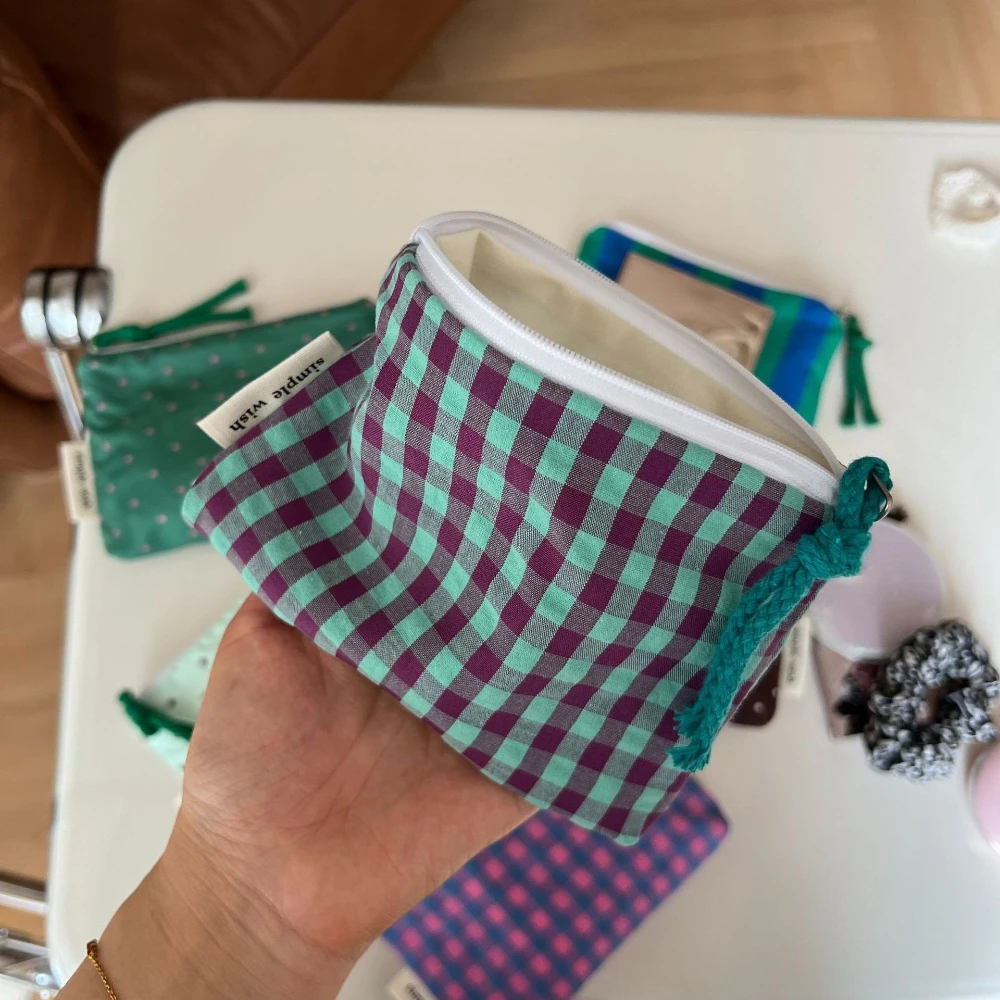 Retro Fashion Plaid Striped Cotton Makeup Bag Portable Women Cosmetic Organizer Cute Mini Lipstick Storage Coin Purse