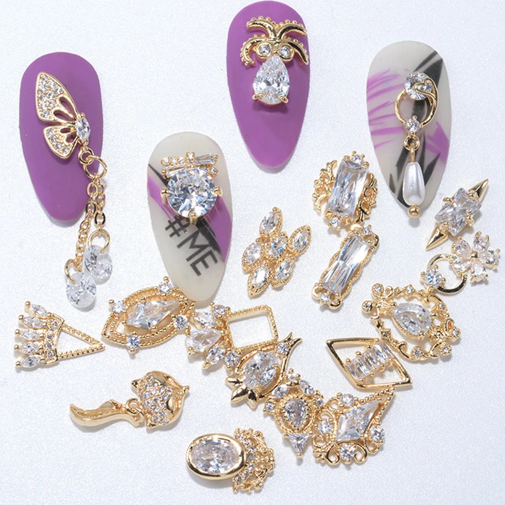 Shiny Gold Butterfly Nail Art Decorations Metal Flower Pendant Chain Nail Zircon Nail Rhinestones Nail Jewelry