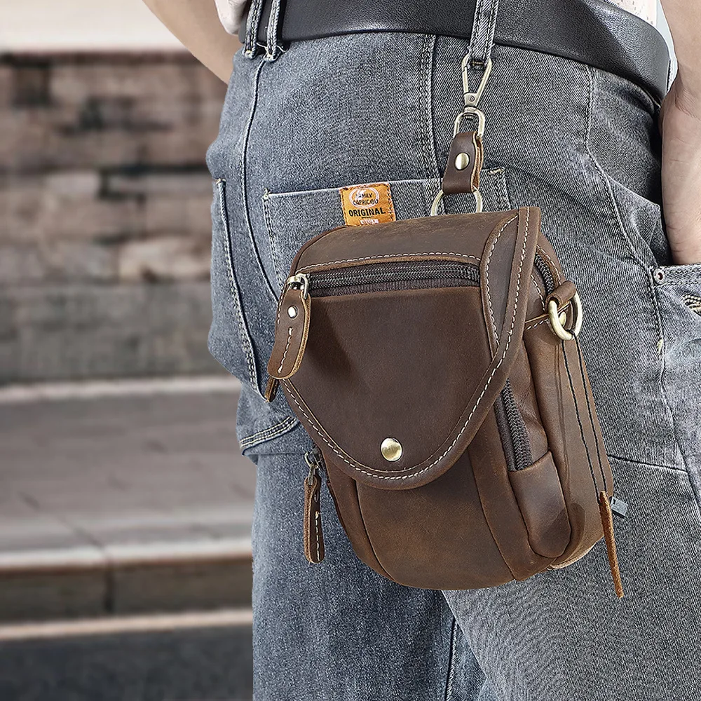 Men's Top-Grain Leather Crossbody Bag - Vintage Multifunctional Phone Pouch Waist Pack with Detachable Shoulder Strap & Belt Loo