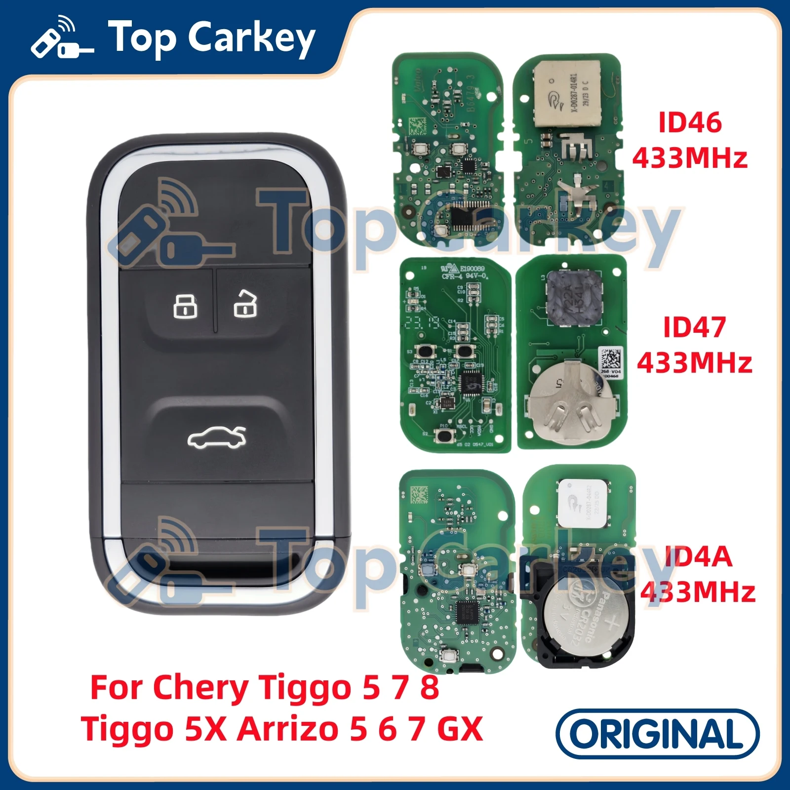 TopCarkey Original Smart Remote Key ID46 ID47 ID4A Chip 433MHz for Chery Tiggo 5 7 8 Tiggo 5X Arrizo 5 6 7 GX