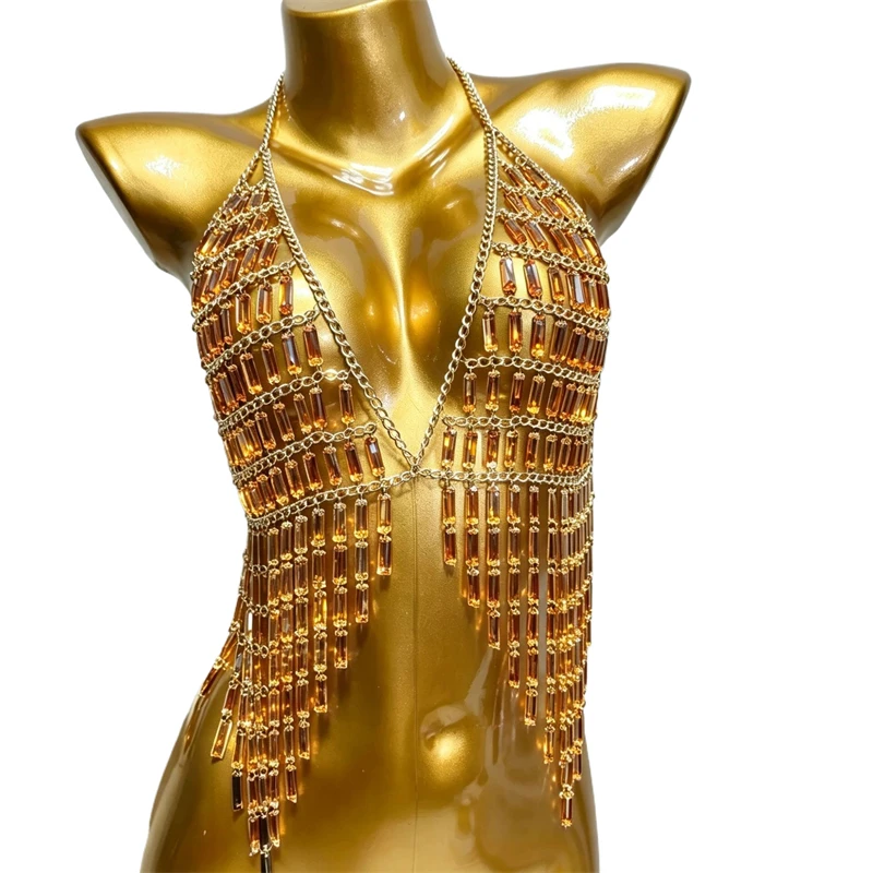 Damen Baguette-Strass-Quasten-Körperkette BH Sexy Kristall-Fransen-Neckholder Y2K Crop Top Nachtclub Party Festival Bikini Schmuck – Detail 3
