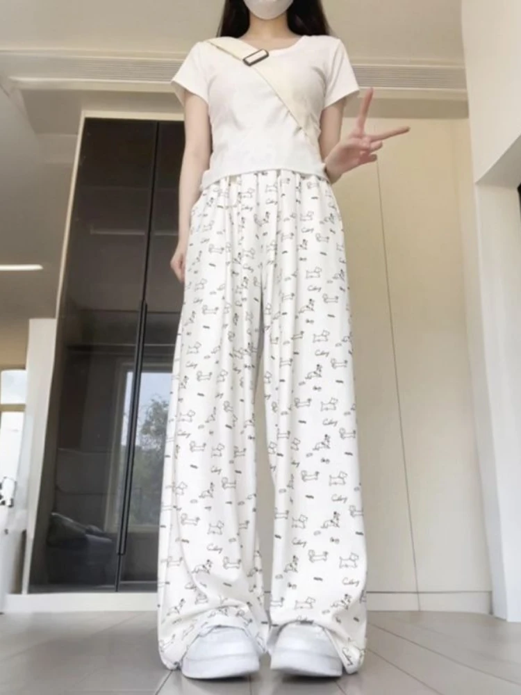 Pantaloni casual a gamba dritta con stampa carina Donna Estate 2025 Nuovi pantaloni coreani a gamba larga allentati dolci Pantaloni a vita alta lunghi fino al pavimento
