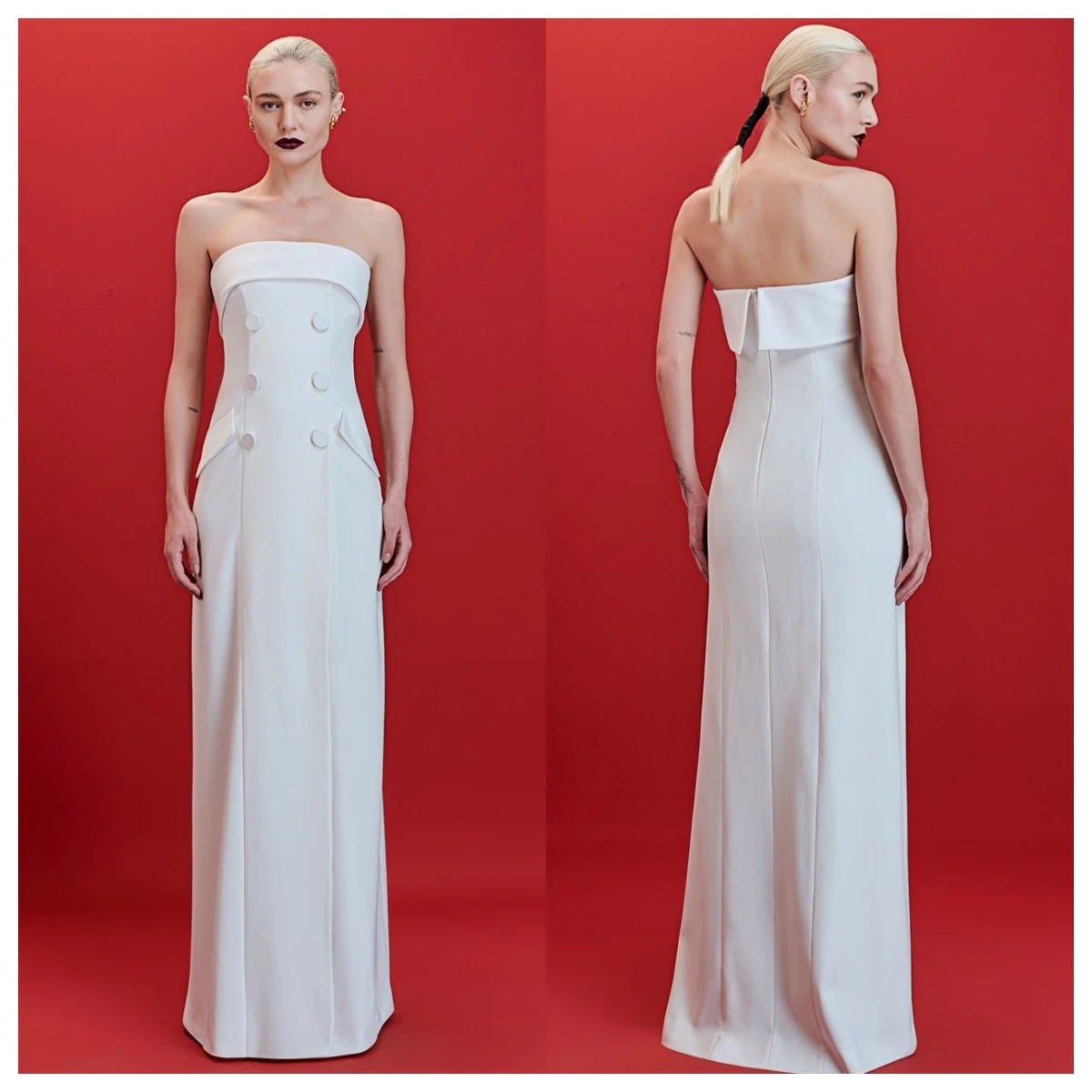 Customized High Quality White Jersey Evening Dress Strapless Sleeveless Prom Dress Special Occasion Gowns Buttons Party Dress