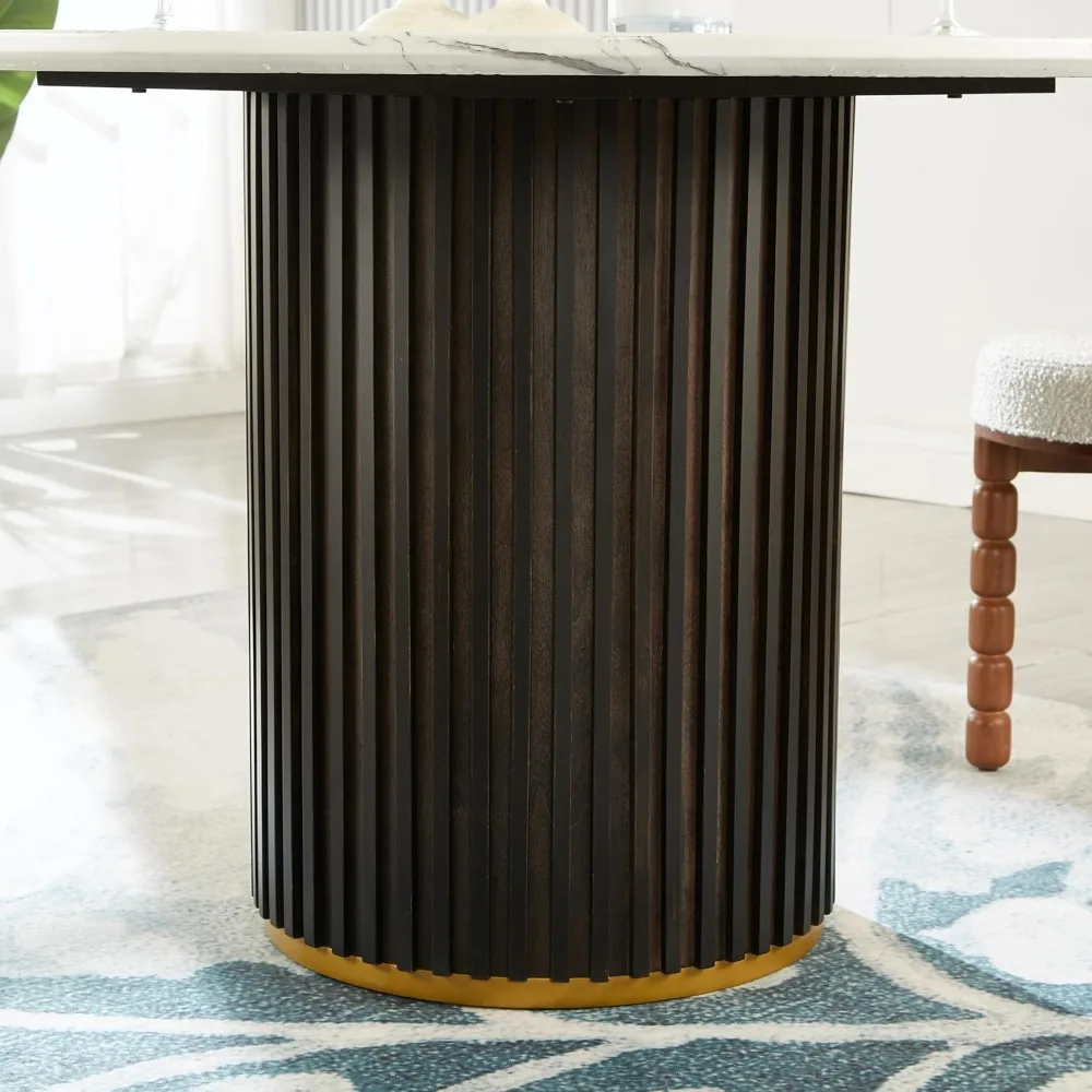 طاولة طعام مستديرة مقاس 48 بوصة لـ 4-6، طاولة مطبخ خشبية حديثة مع سطح رخامي مستدير وقاعدة على شكل برميل يدوية لغرفة الطعام