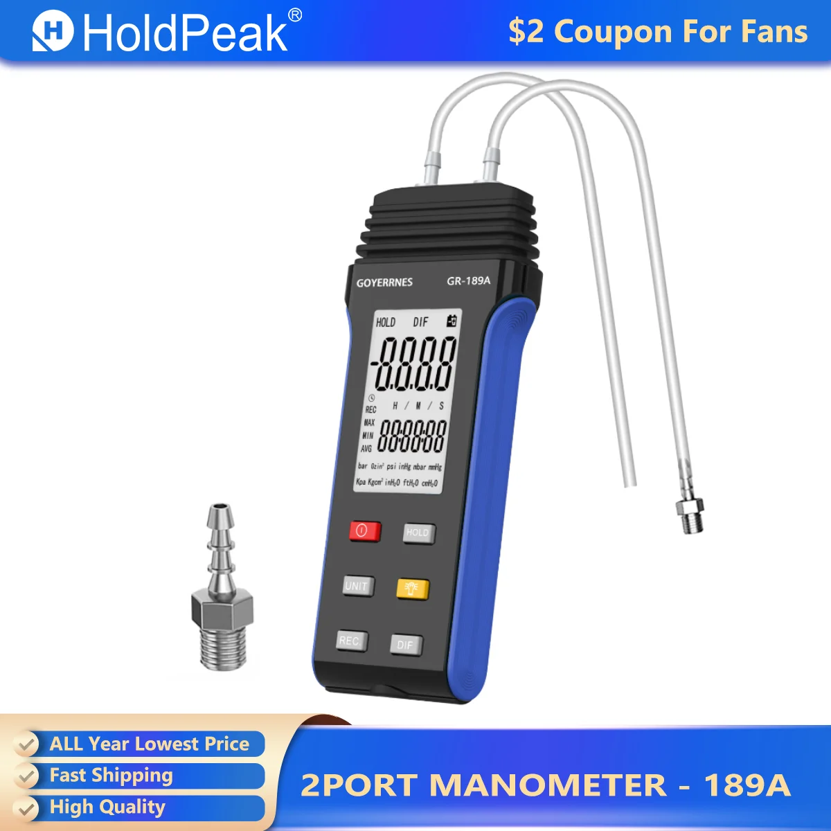 Digital Manometer, 2-Port Manometer Gas Pressure Tester LCD Display With Backlight for Any Gas Pressure System Trouble HP-189A